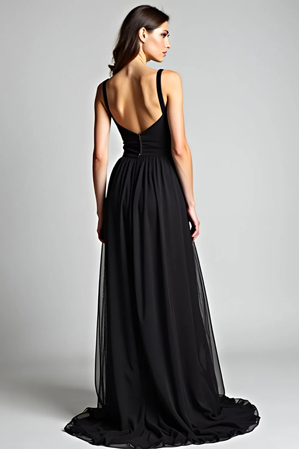 Black Spaghetti Straps A Line Pleated Long Bridesmaid Dress sold by Zapaka product image thumbnail 3