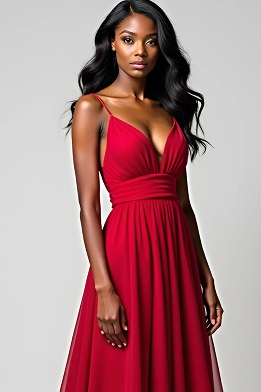 Red Spaghetti Straps A Line Long Bridesmaid Dress sold by Zapaka product image thumbnail 4