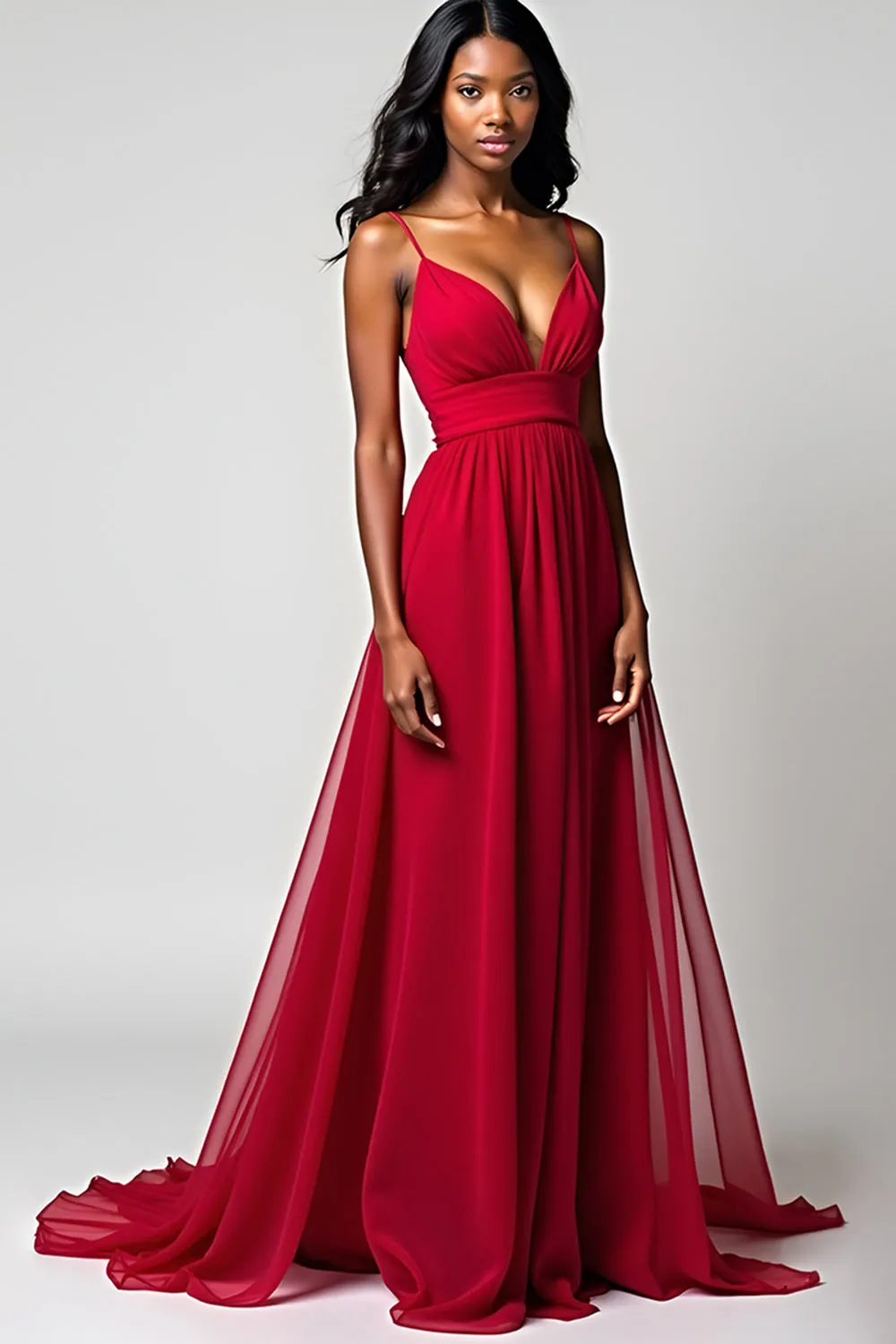 Red Spaghetti Straps A Line Long Bridesmaid Dress sold by Zapaka