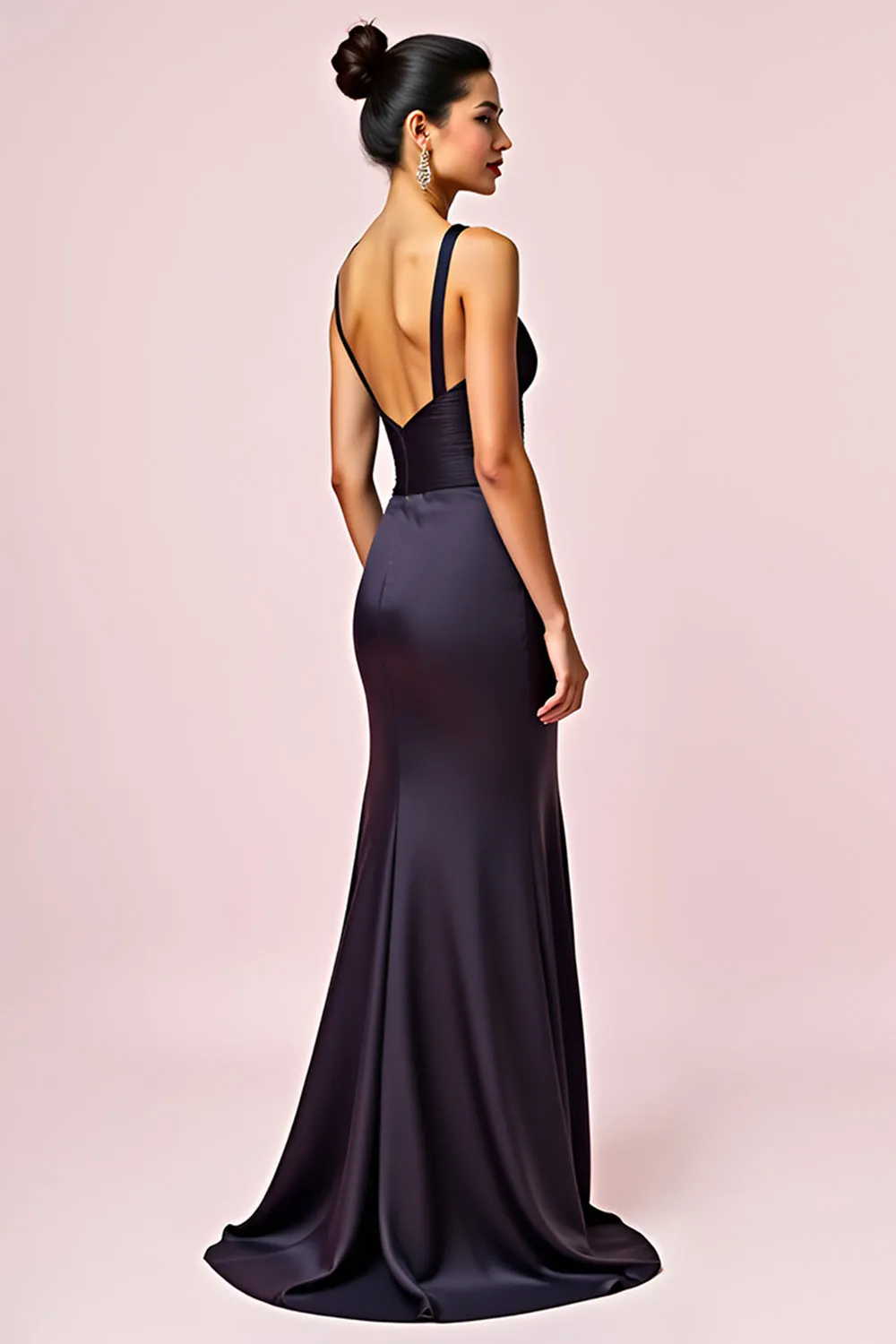 Mermaid Spaghetti Straps Navy Pleated Long Bridesmaid Dress sold by Zapaka product image thumbnail 2
