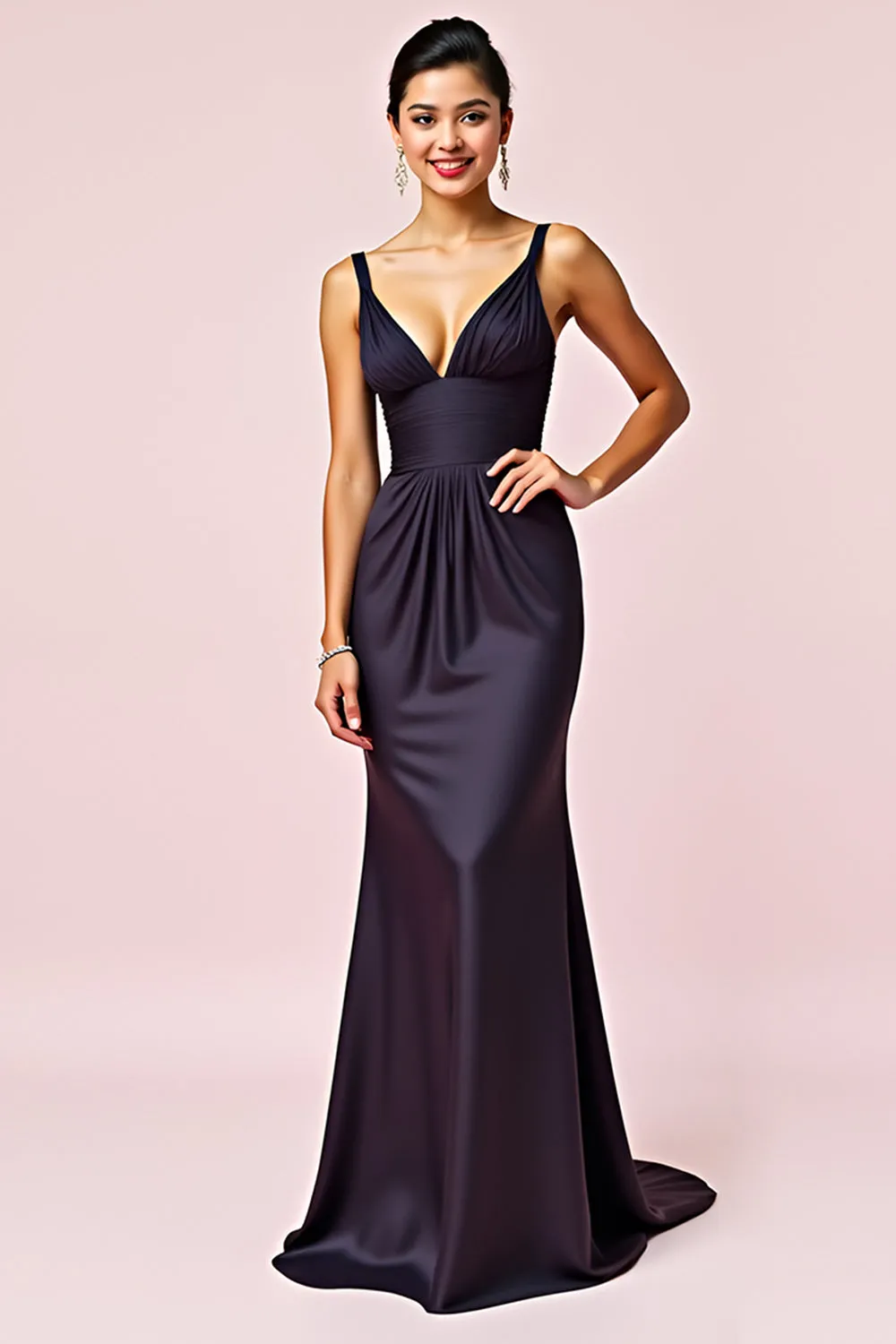 Mermaid Spaghetti Straps Navy Pleated Long Bridesmaid Dress sold by Zapaka