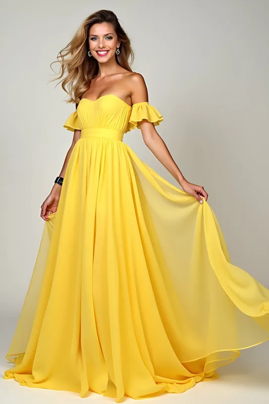 A Line Yellow Off The Shoulder Ruffled Chiffon Bridesmaid Dress sold by Zapaka