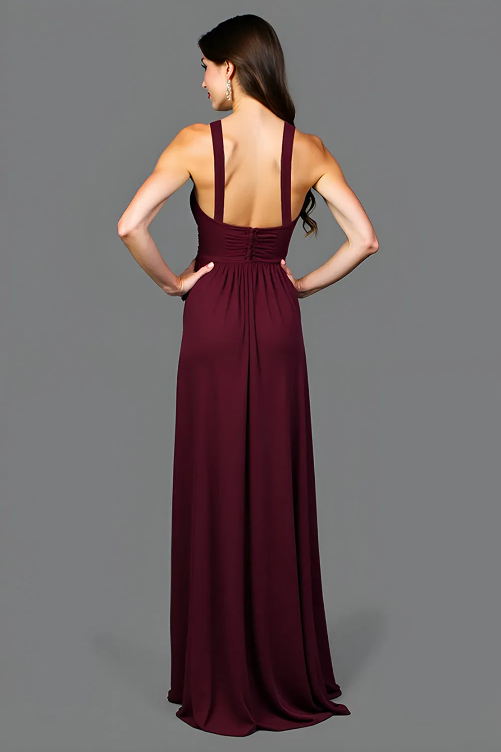 A Line Cabernet Spaghetti Straps Pleated Long Bridesmaid Dress sold by Zapaka product image thumbnail 2