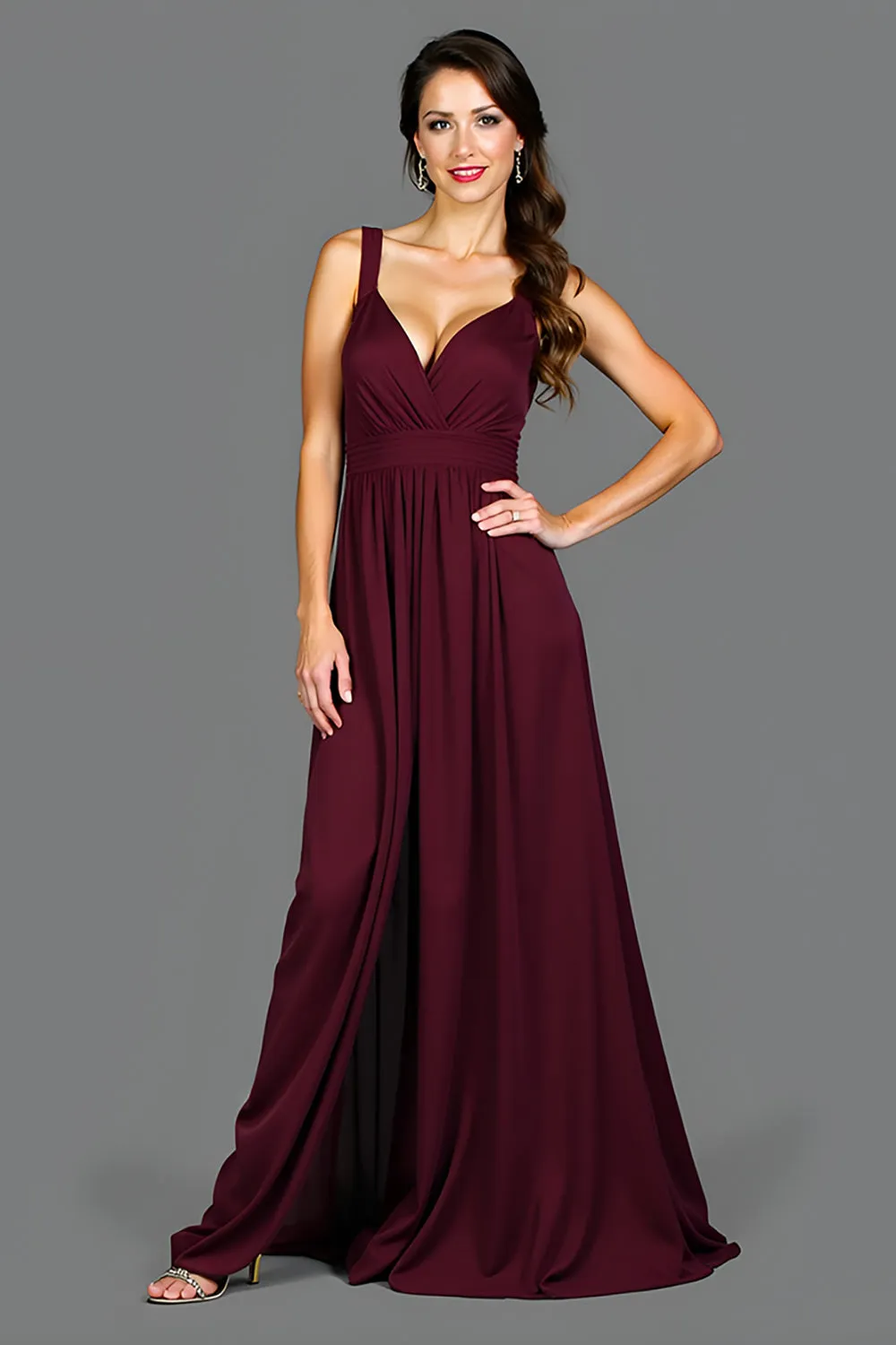 A Line Cabernet Spaghetti Straps Pleated Long Bridesmaid Dress sold by Zapaka