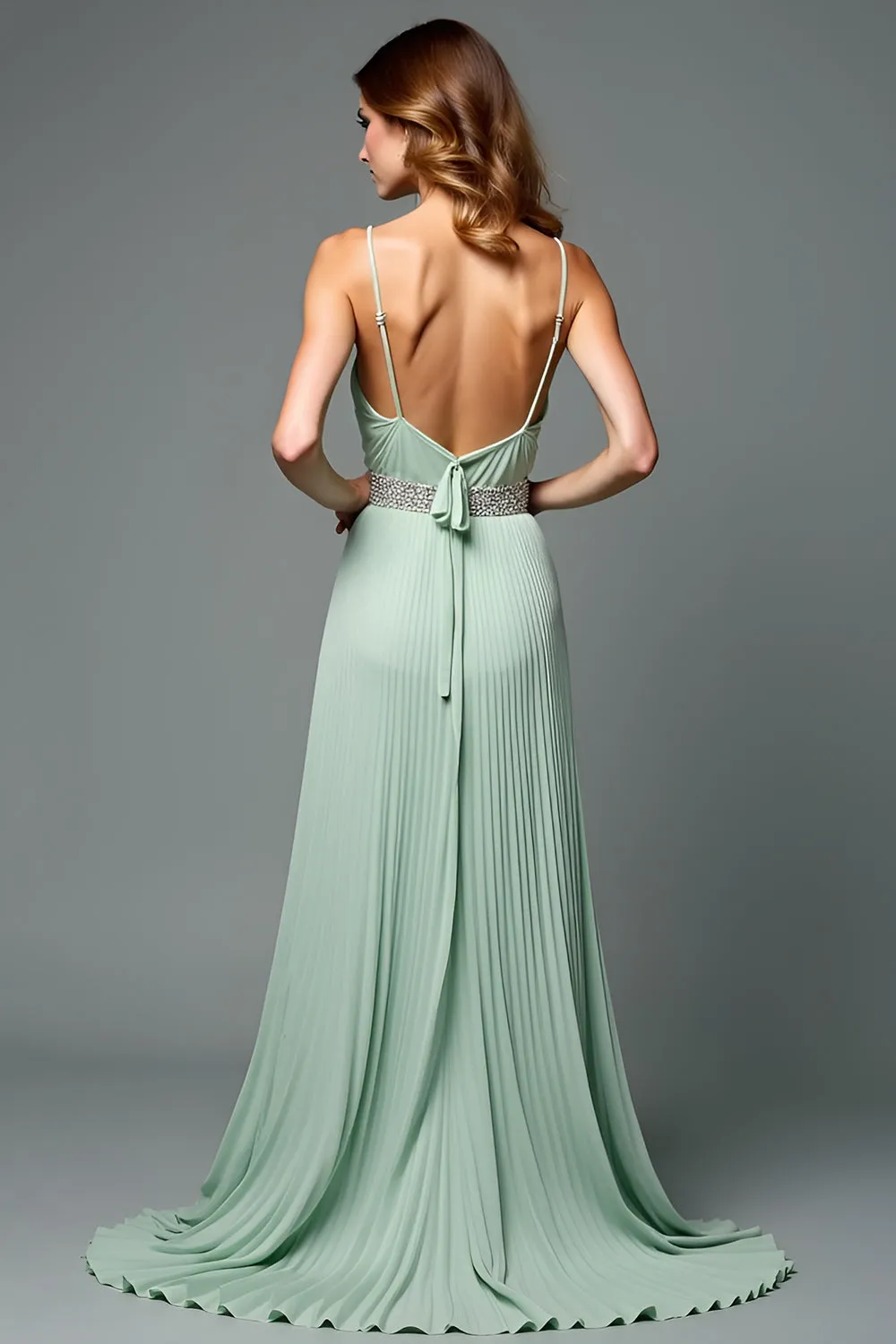 Green A Line Deep V-Neck Chiffon Bridesmaid Dress sold by Zapaka product image thumbnail 2