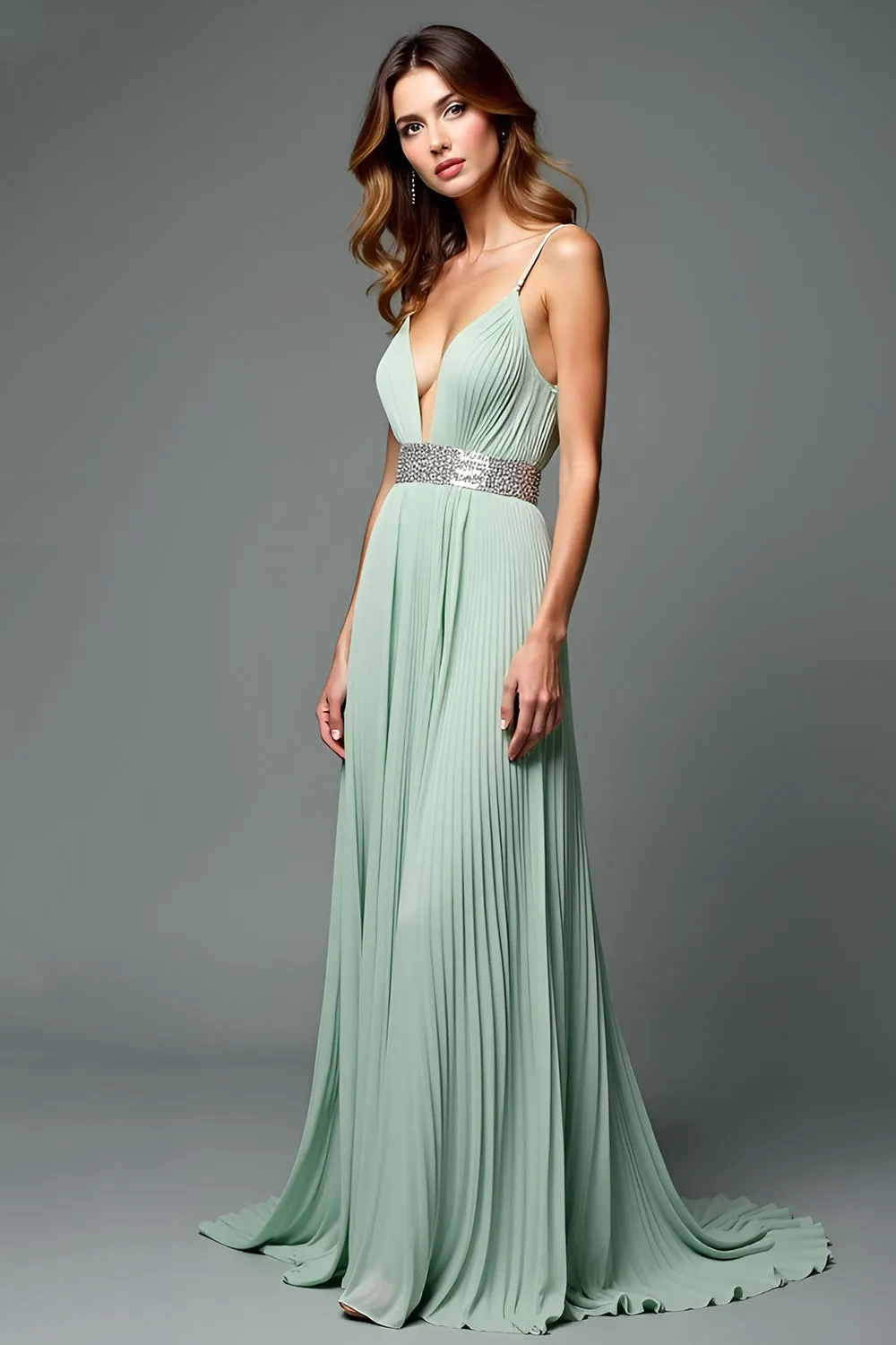 Green A Line Deep V-Neck Chiffon Bridesmaid Dress sold by Zapaka product image thumbnail 3