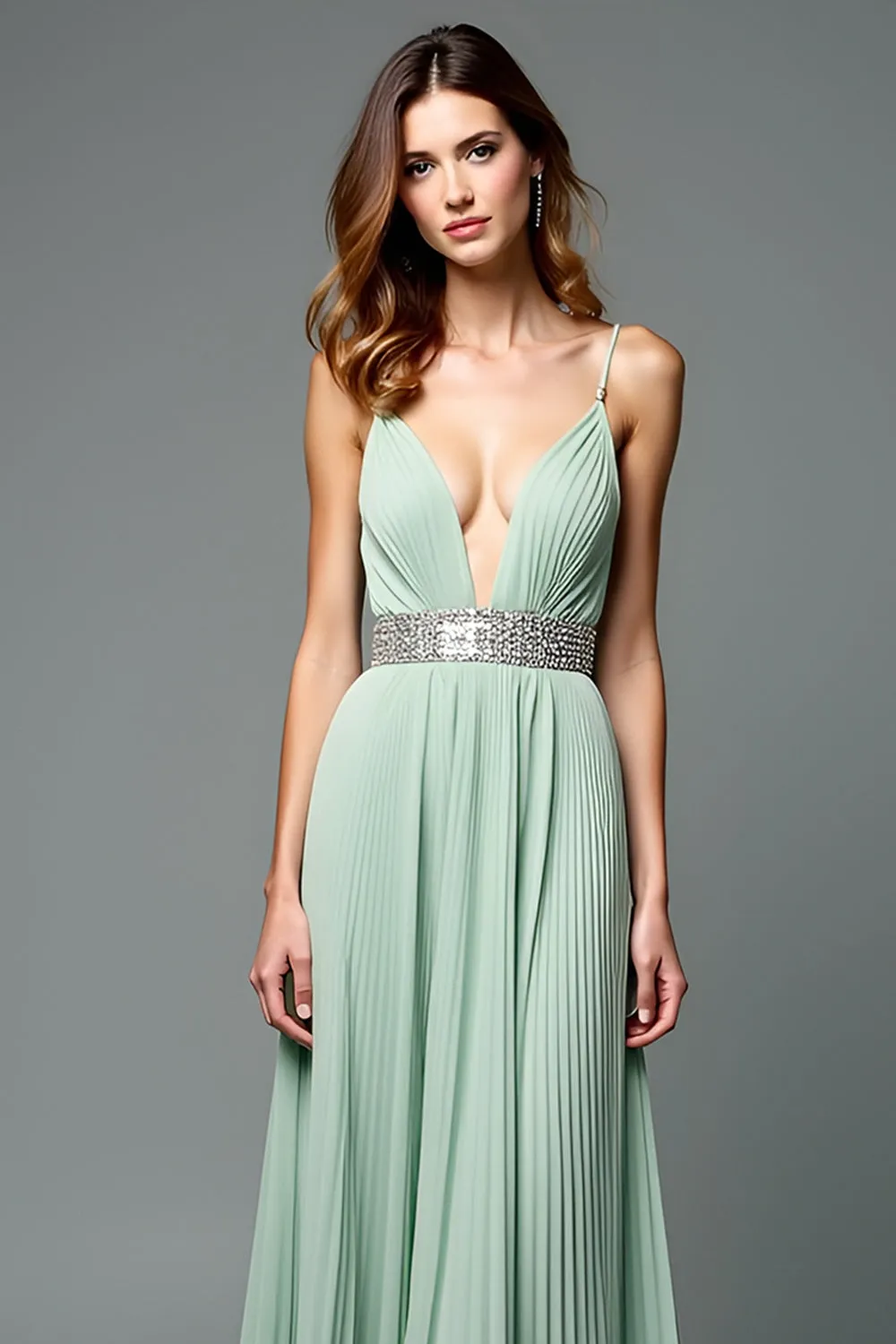 Green A Line Deep V-Neck Chiffon Bridesmaid Dress sold by Zapaka product image thumbnail 4