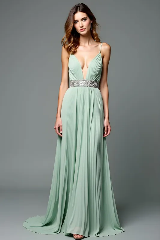 Green A Line Deep V-Neck Chiffon Bridesmaid Dress sold by Zapaka