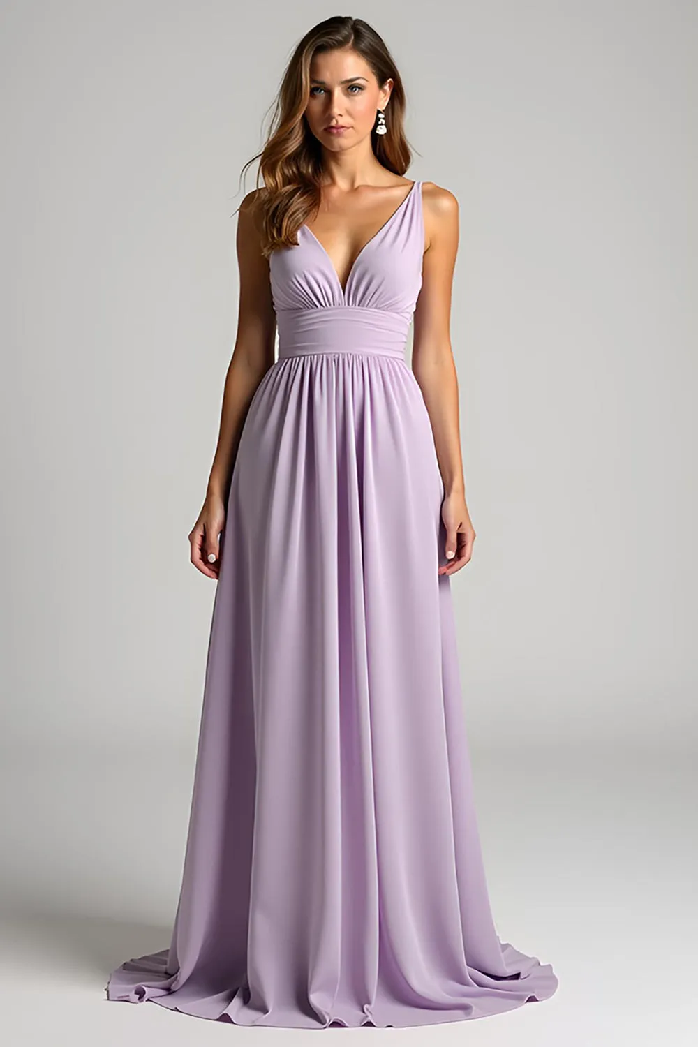 Lilac Chiffon A Line Ruched V Neck Bridesmaid Dress with Back Tie sold by Zapaka