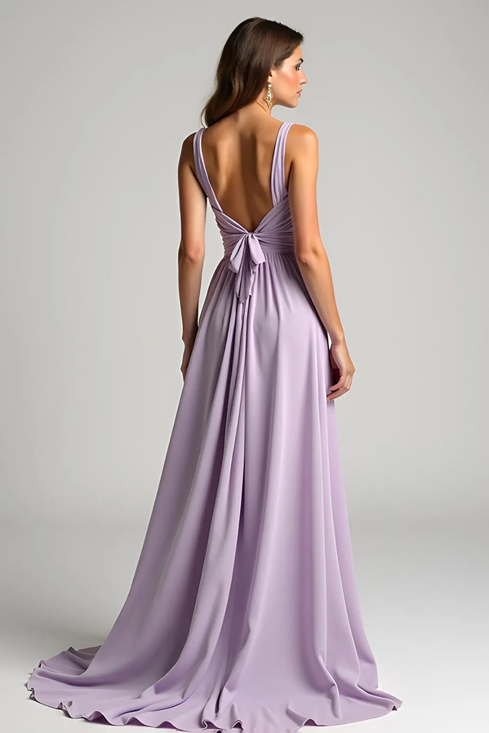 Lilac Chiffon A Line Ruched V Neck Bridesmaid Dress with Back Tie sold by Zapaka product image thumbnail 2