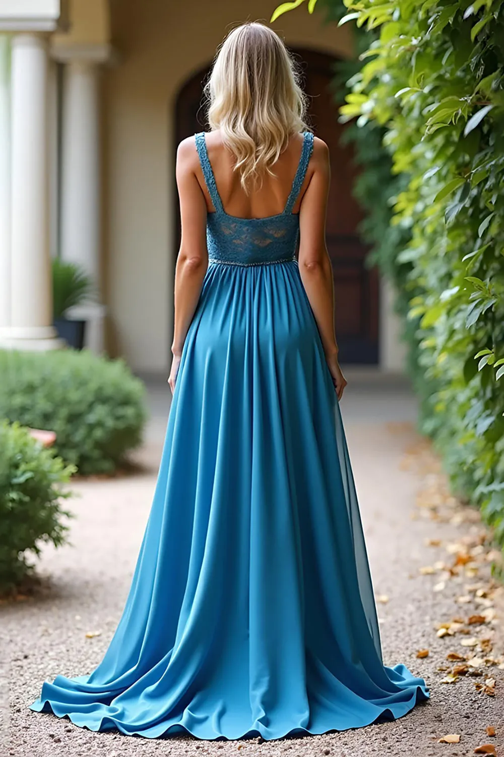 Grey Blue Lace V Neck Chiffon A Line Bridesmaid Dress with Slit sold by Zapaka product image thumbnail 2