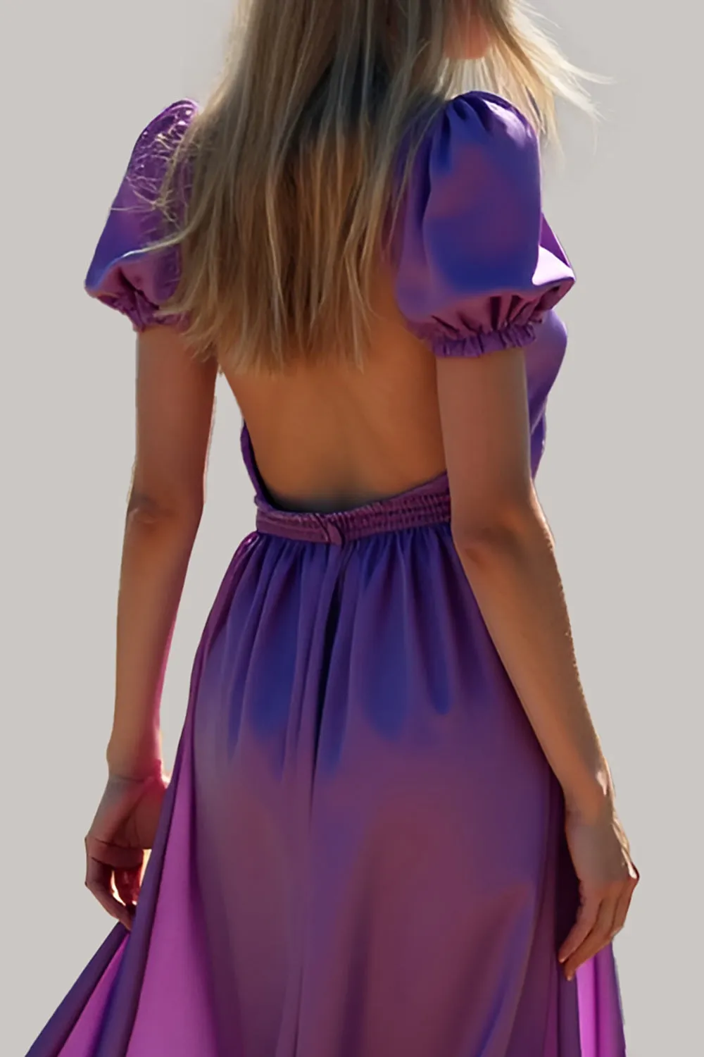 Purple A Line Puff Sleeves Backless Long Bridesmaid Dress sold by Zapaka product image thumbnail 4