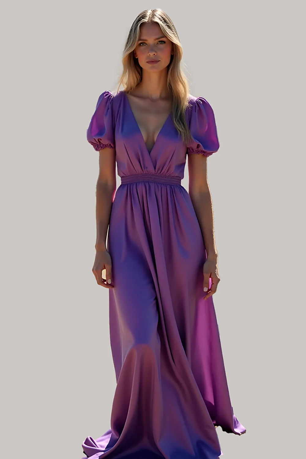 Purple A Line Puff Sleeves Backless Long Bridesmaid Dress sold by Zapaka