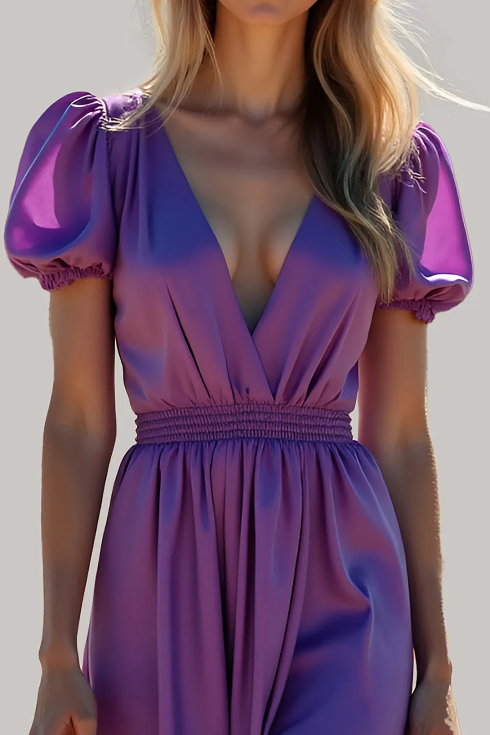 Purple A Line Puff Sleeves Backless Long Bridesmaid Dress sold by Zapaka product image thumbnail 5
