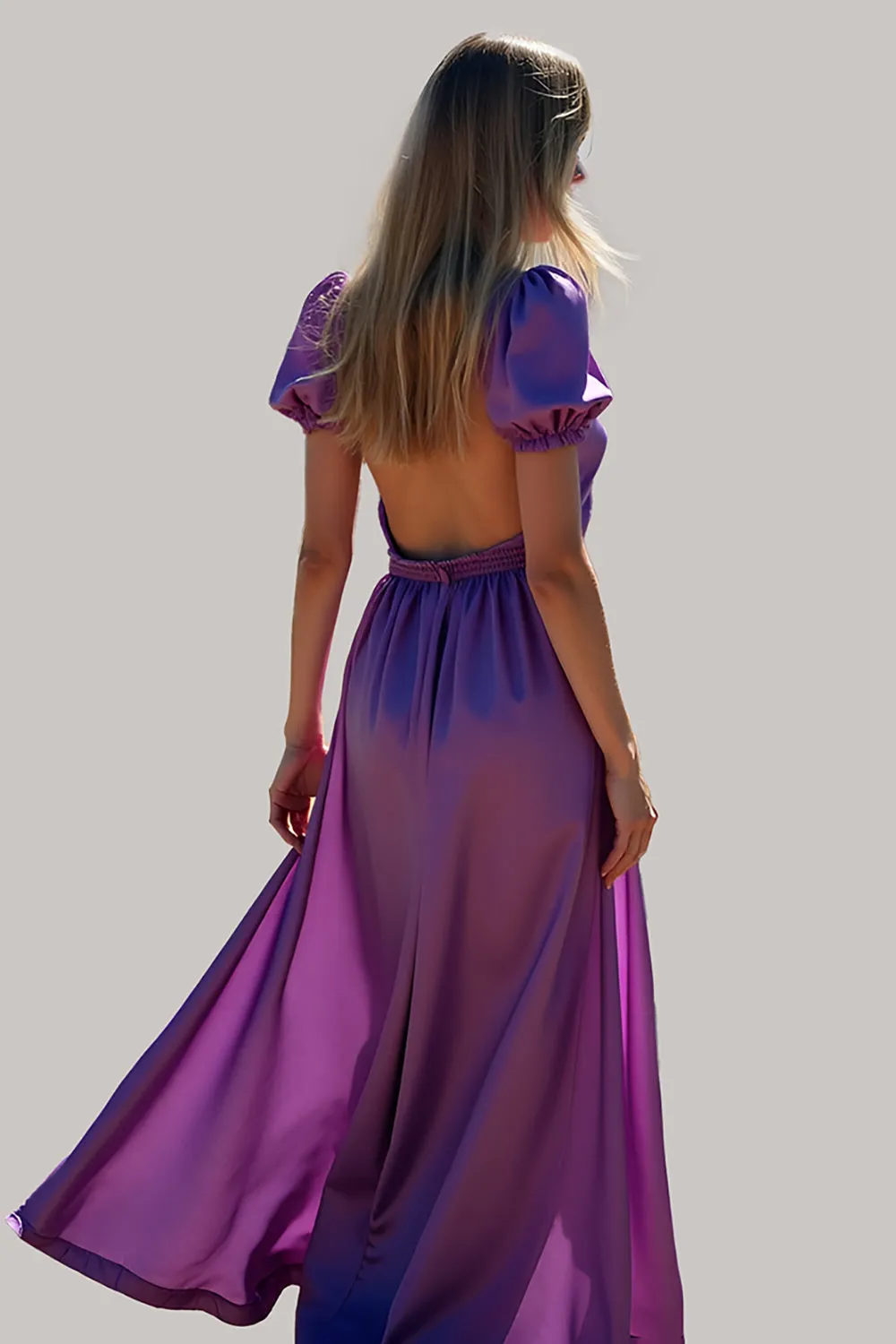 Purple A Line Puff Sleeves Backless Long Bridesmaid Dress sold by Zapaka product image thumbnail 2