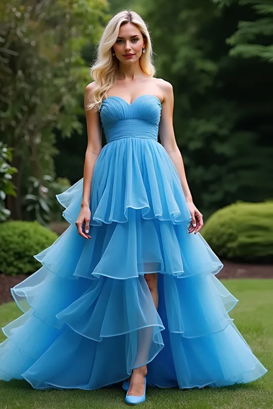 Blue A Line Sweetheart Ruffled Prom Dress sold by Zapaka