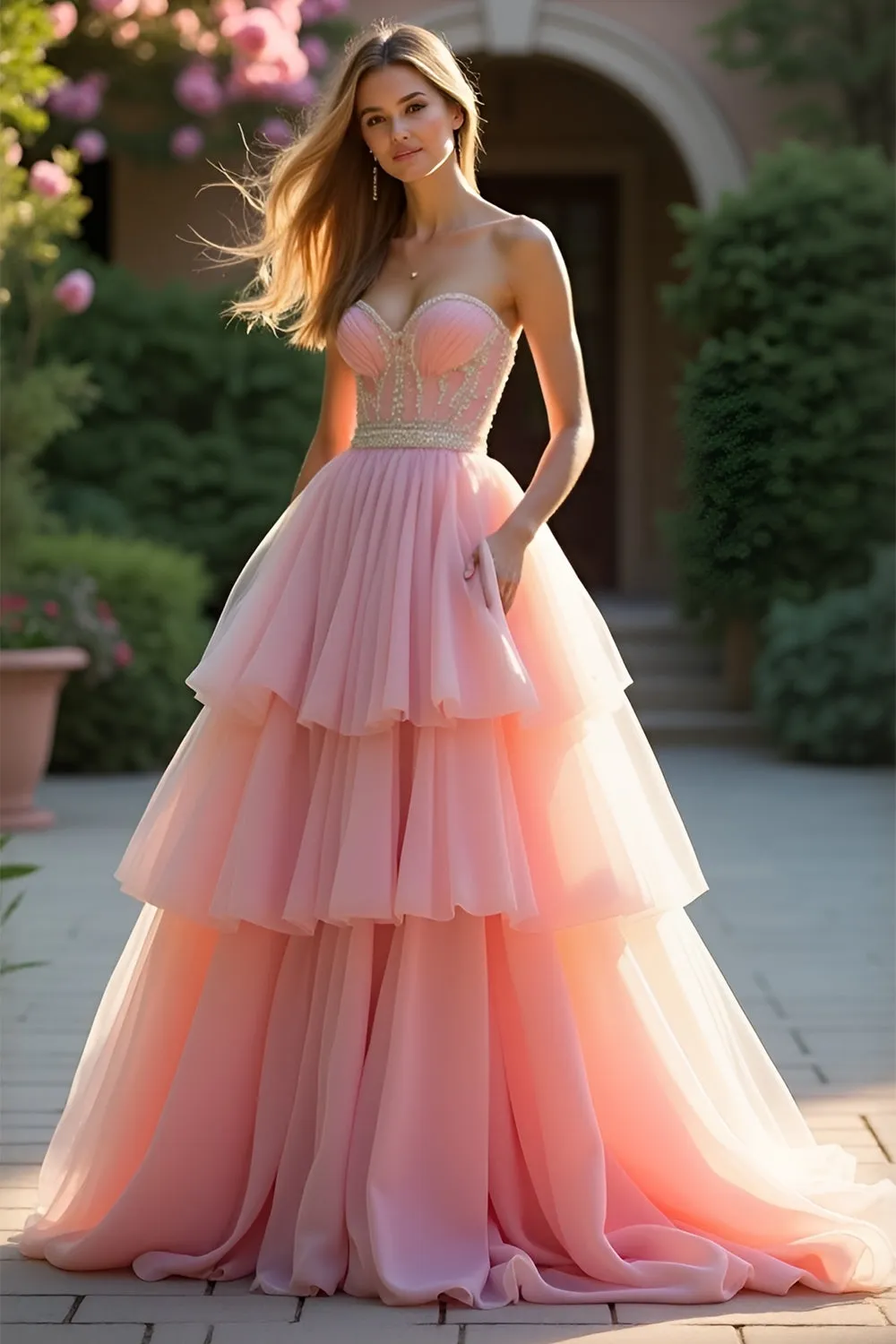 Blush A Line Strapless Ruffled Tiered Prom Dress sold by Zapaka