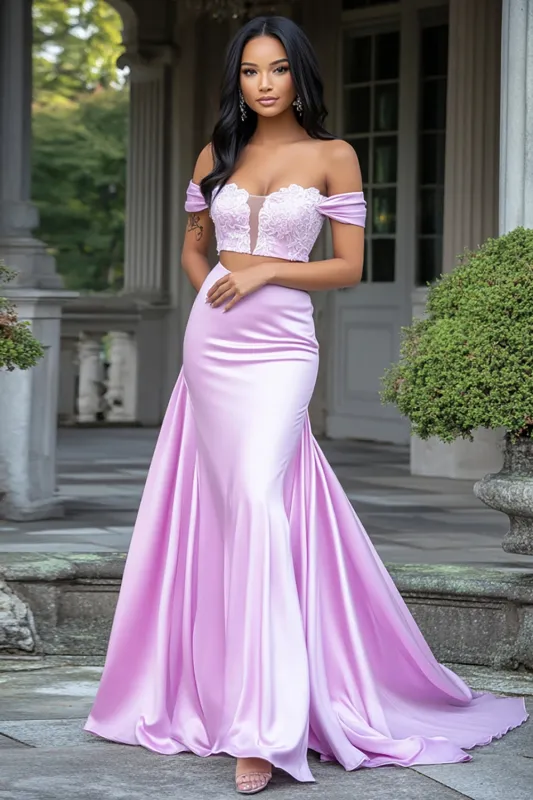 Lilac Mermaid Off the Shoulder Satin Long Prom Dress with Lace sold by Zapaka