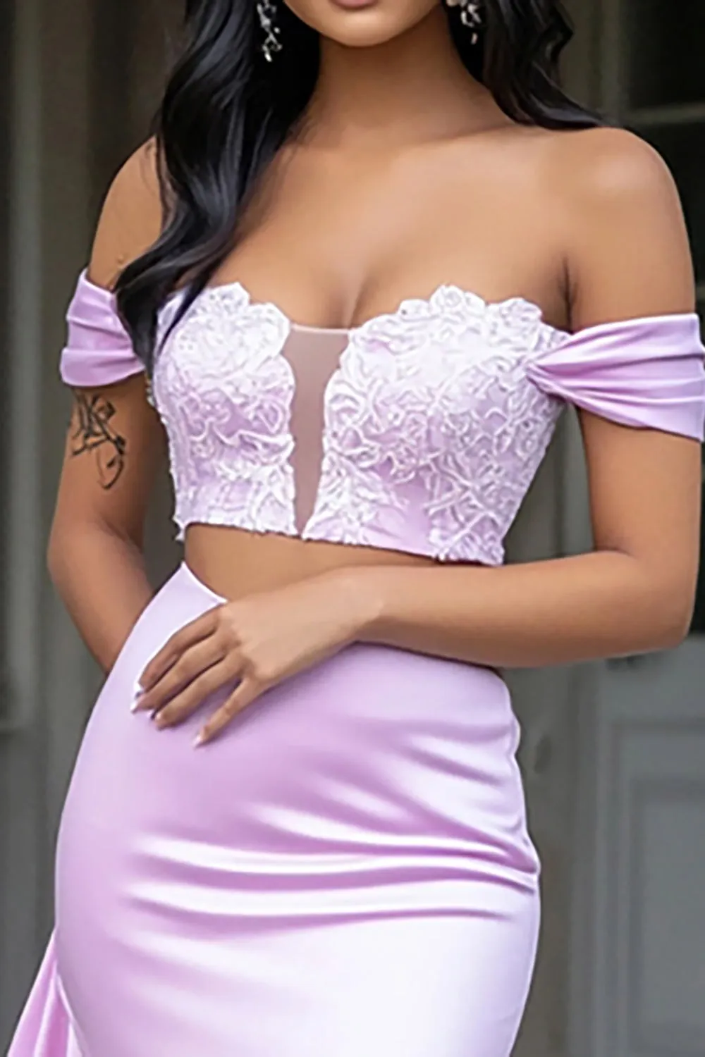 Lilac Mermaid Off the Shoulder Satin Long Prom Dress with Lace sold by Zapaka product image thumbnail 2