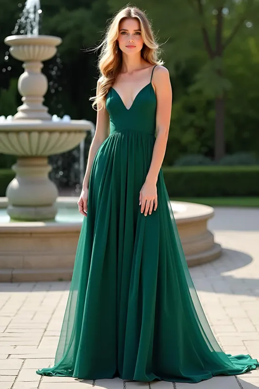 Dark Green A Line Spaghetti Straps Chiffon Bridesmaid Dress sold by Zapaka