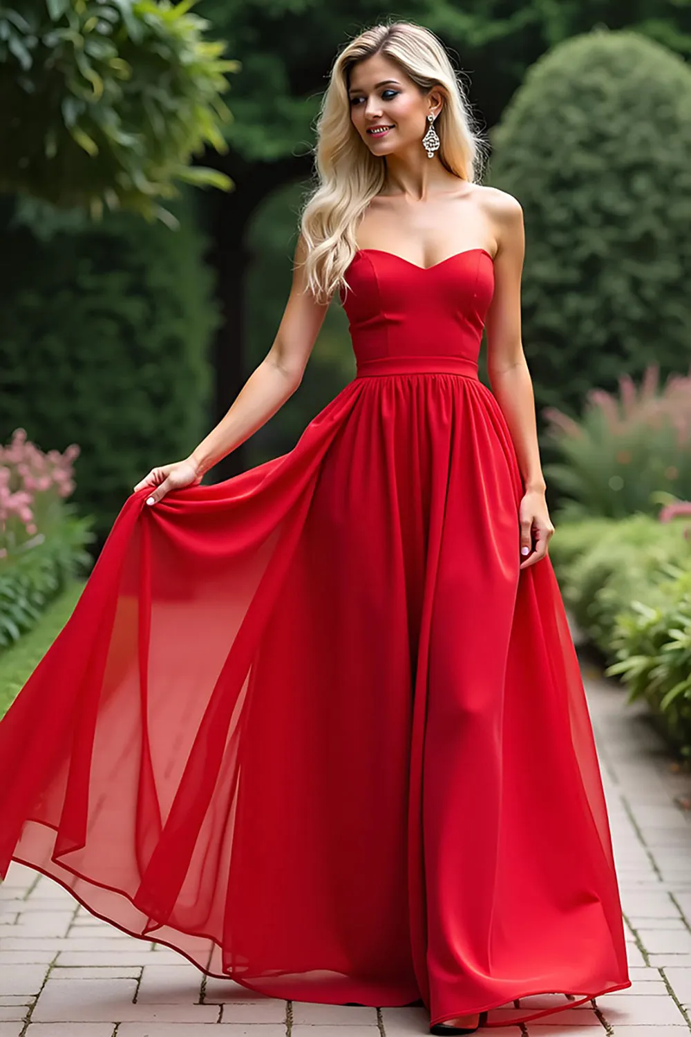 Red A Line Sweetheart Chiffon Long Prom Dress sold by Zapaka