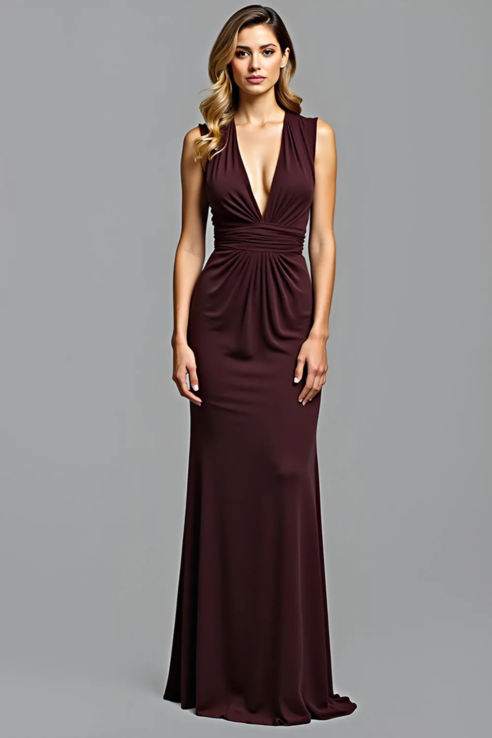 Sheath Cabernet Sleeveless V Neck Pleated Long Bridesmaid Dress sold by Zapaka