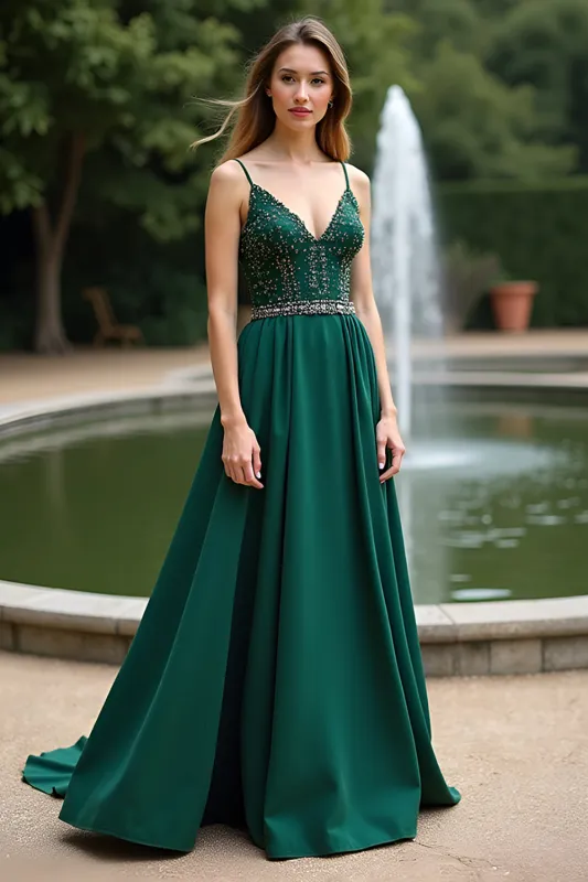A Line Dark Green Spaghetti Straps Sequin Bridesmaid Dress sold by Zapaka