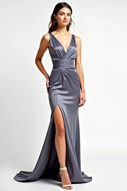 Steel Grey Mermaid Spaghetti Straps Long Bridesmaid Dress sold by Zapaka