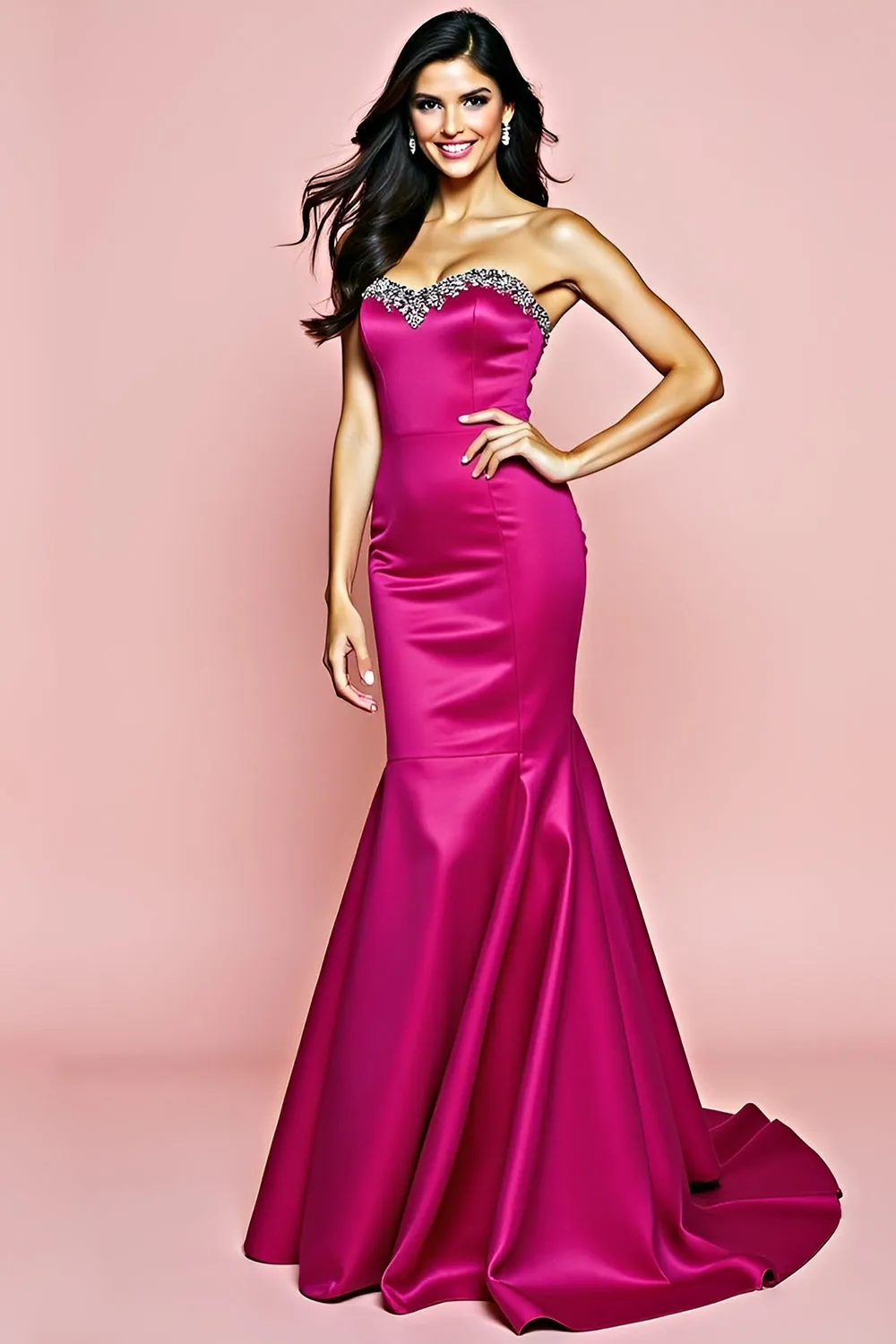 Fuchsia Strapless Mermaid Long Prom Dress with Beading sold by Zapaka