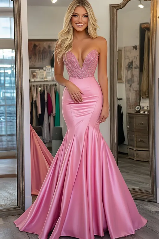 Sweetheart Mermaid Beaded Satin Pink Prom Dress sold by Zapaka