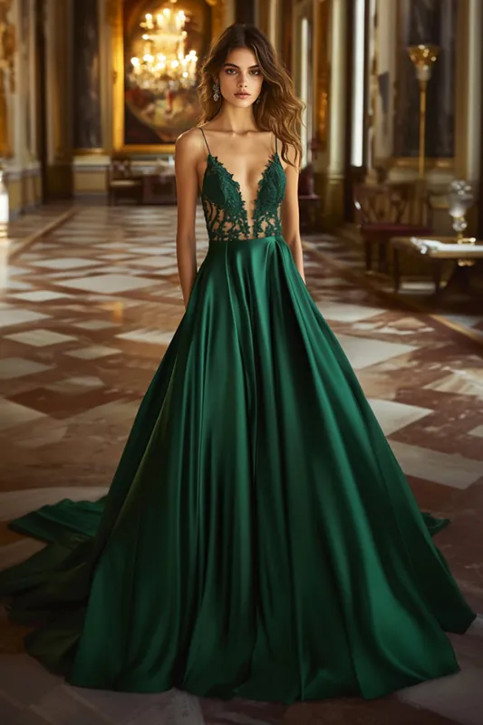 Dark Green A Line Lace V Neck Satin Long Prom Dress sold by Zapaka