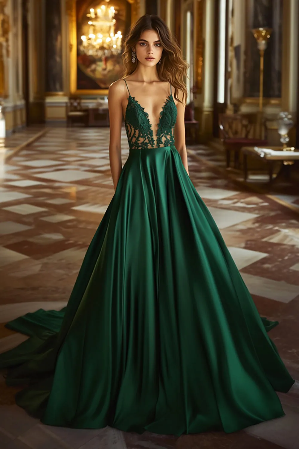 Dark Green A Line Lace V Neck Satin Long Prom Dress sold by Zapaka
