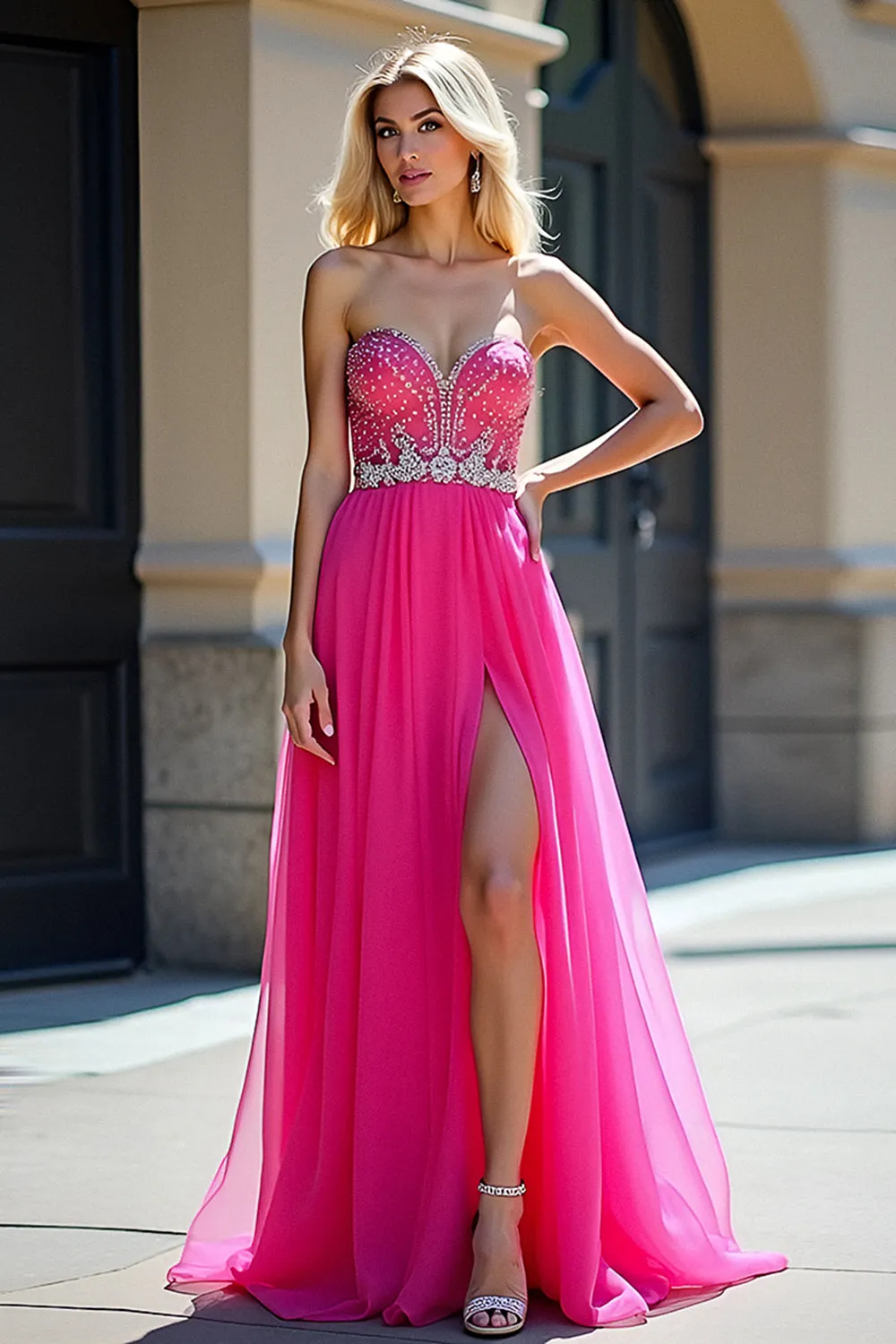 Fuchsia Beads Strapless A Line Tulle Prom Dress with Slit sold by Zapaka product image thumbnail 3