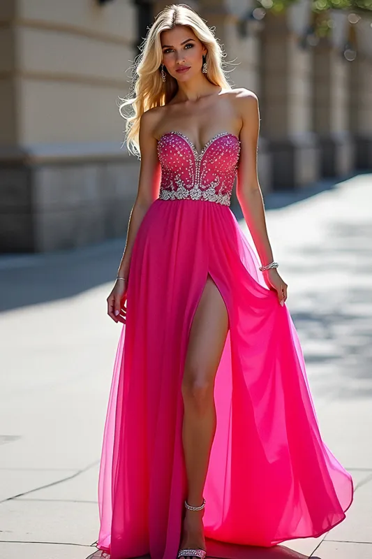 Fuchsia Beads Strapless A Line Tulle Prom Dress with Slit sold by Zapaka