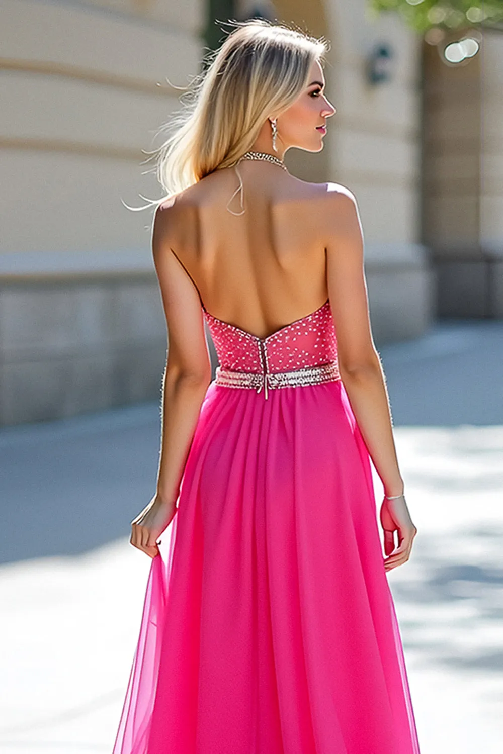 Fuchsia Beads Strapless A Line Tulle Prom Dress with Slit sold by Zapaka product image thumbnail 5