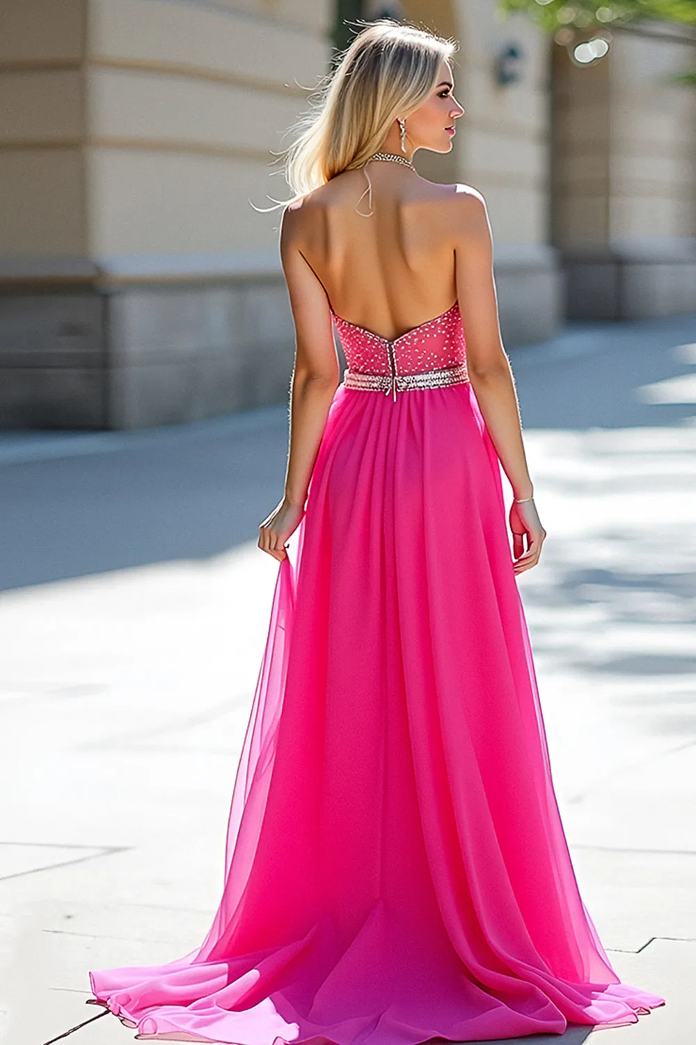 Fuchsia Beads Strapless A Line Tulle Prom Dress with Slit sold by Zapaka product image thumbnail 2