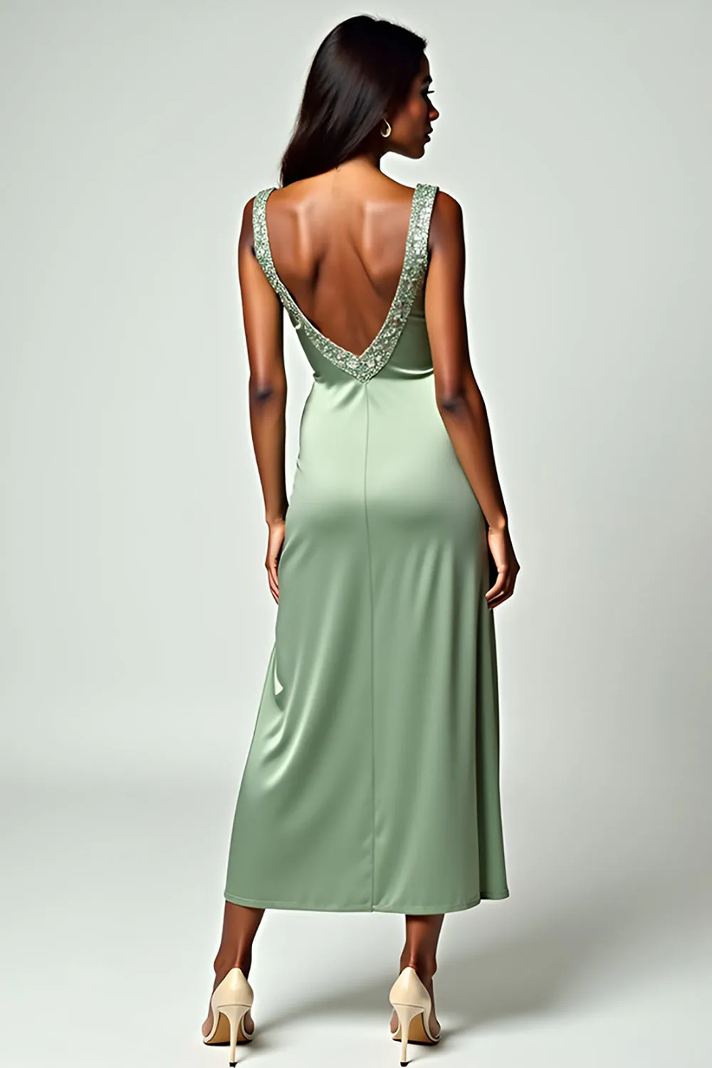 Sheath Dusty Sage Spaghetti Straps Long Bridesmaid Dress sold by Zapaka product image thumbnail 2