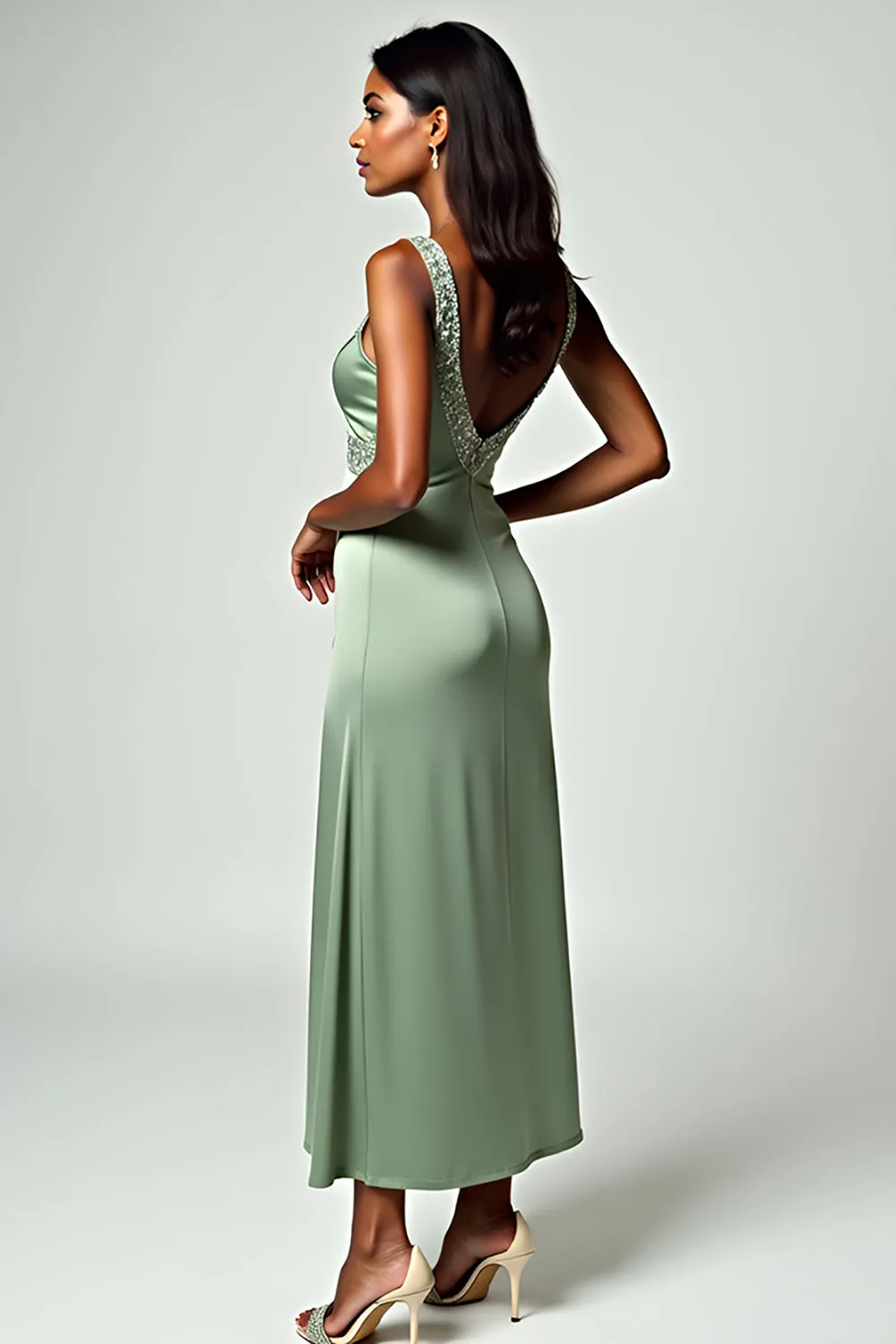 Sheath Dusty Sage Spaghetti Straps Long Bridesmaid Dress sold by Zapaka product image thumbnail 3
