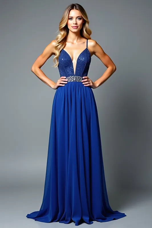 A Line Beaded Royal Blue Spaghetti Straps Wedding Guest Dress sold by Zapaka