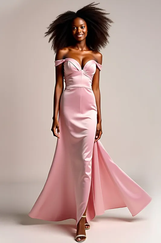 Pink Satin Off the Shoulder Long Prom Dress with Slit made by Zapaka
