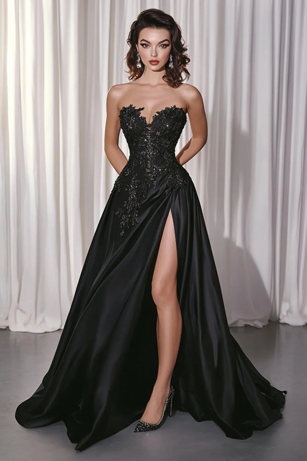 Black A-Line Satin Sweetheart Long Prom Dress with Lace Appliques sold by Zapaka