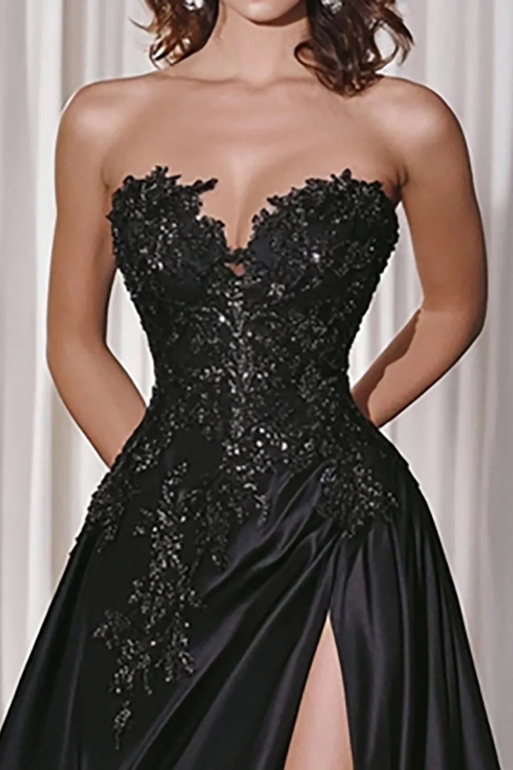 Black A-Line Satin Sweetheart Long Prom Dress with Lace Appliques sold by Zapaka product image thumbnail 2
