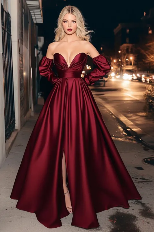 Burgundy Satin Strapless Ruched A-Line Long Prom Dress with Slit sold by Zapaka