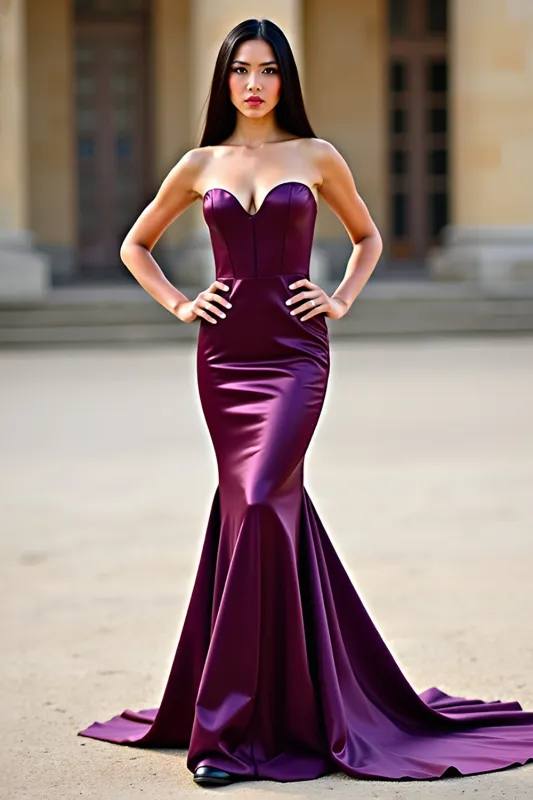 Bodycon Plum Strapless Corset Long Satin Prom Dress sold by Zapaka