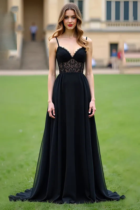 Black A Line Spaghetti Straps Long Prom Dress With Lace Appliques sold by Zapaka