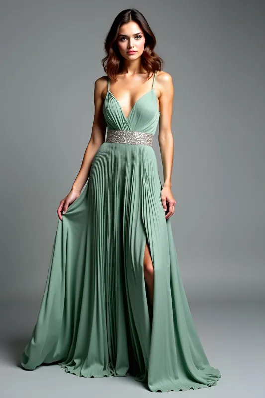 Dusty Sage Spaghetti Straps Ruched A Line Prom Dress with Slit sold by Zapaka