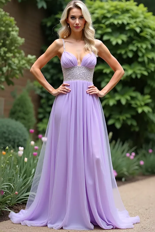 Sparkly Lilac A Line Beaded Spaghetti Straps Tulle Long Prom Dress sold by Zapaka
