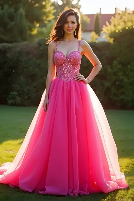 Sparkly Fuchsia A Line Spaghetti Straps Long Tulle Prom Dress With Sequins sold by Zapaka