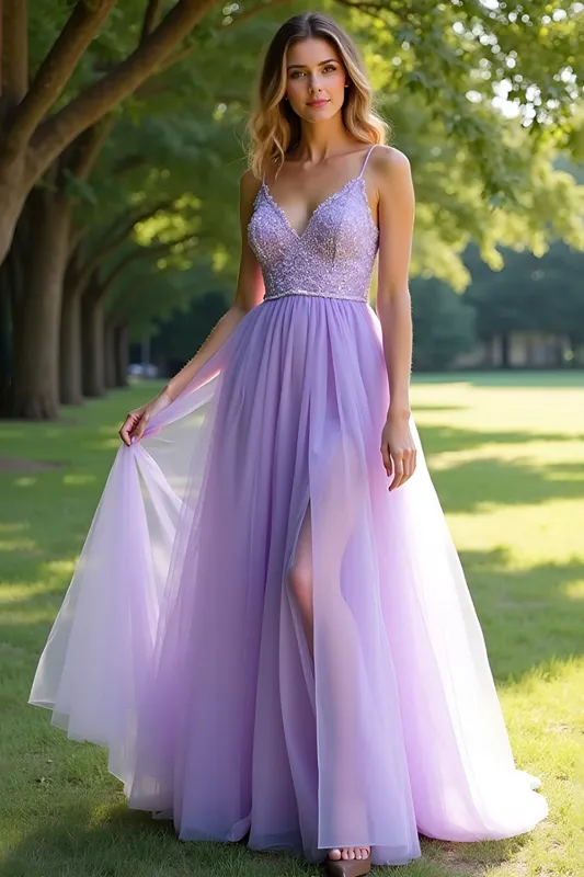 Sparkly Lilac A Line Spaghetti Straps Lace Long Prom Dress With Slit sold by Zapaka