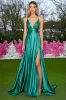 Green Satin Spaghetti Straps A-Line Ruched Long Prom Dress with Slit sold by Zapaka